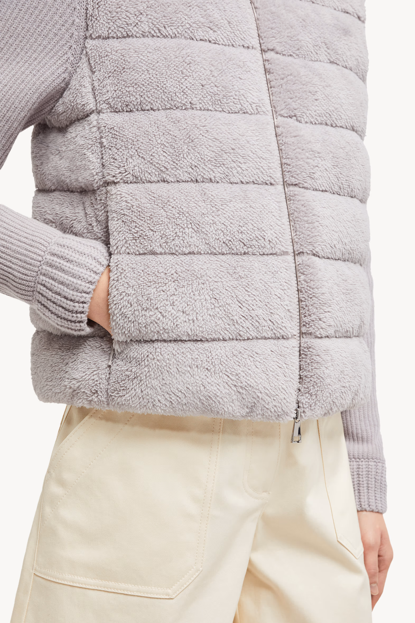 Cárdigan con cremallera acolchado de lana y tejido efecto peluche Mujer Gris Moncler 7